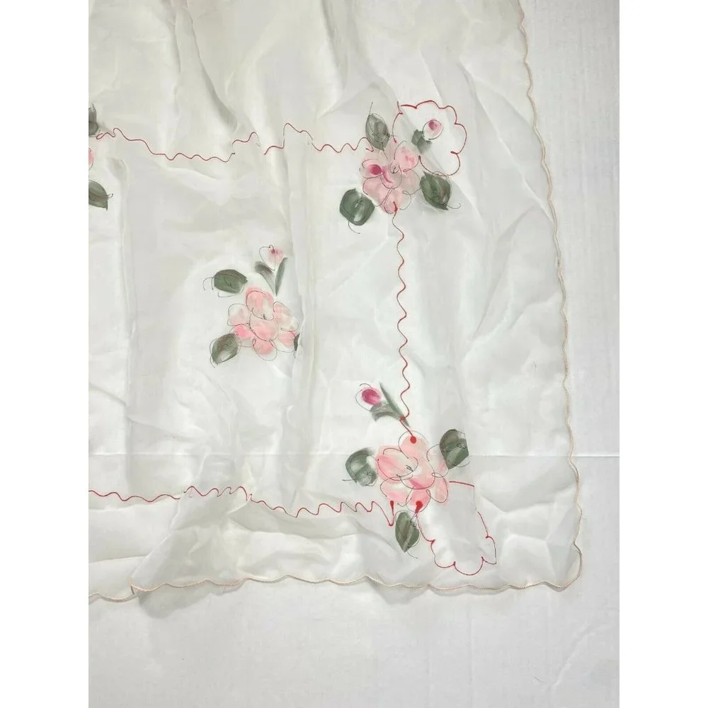 Vintage 1960s Sheer White Valances Curtains 4 Made Japan Hand Painted Pink Red
